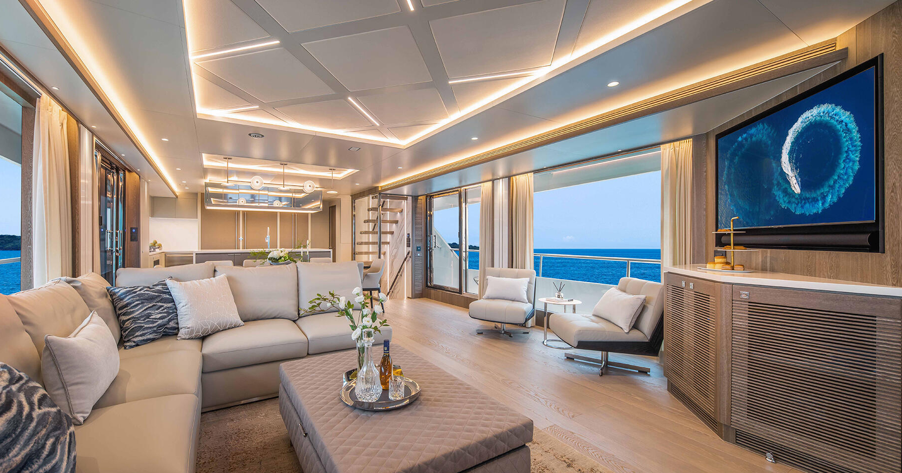 Yacht main salon interior with large television screen
