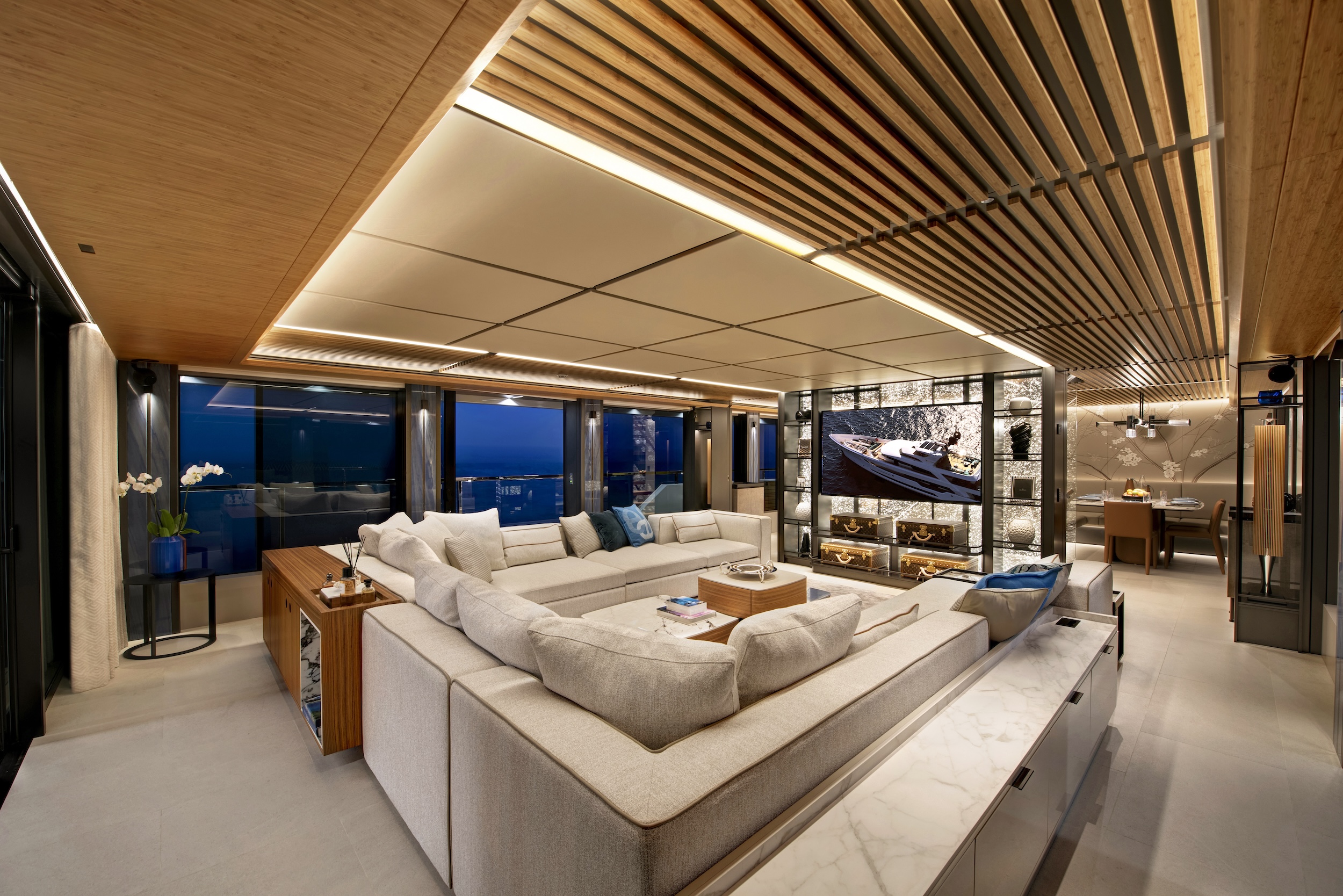 Al Waab II main salon interior with bamboo ceiling