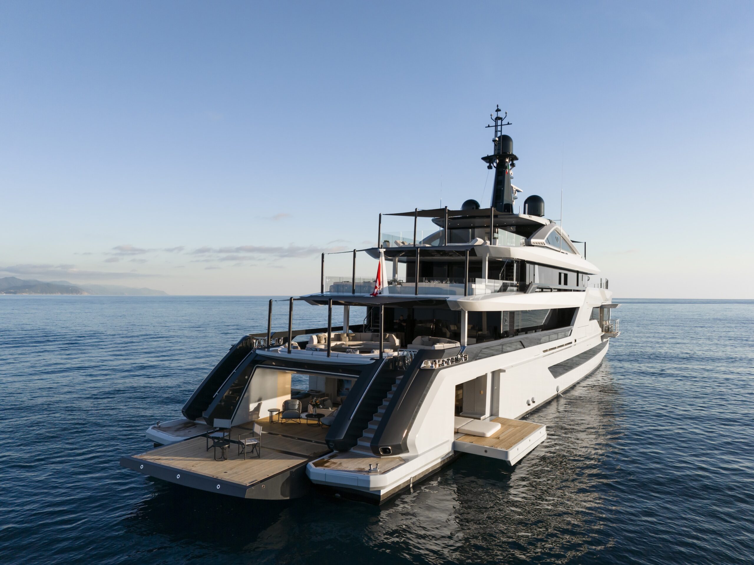 Diamond Binta exterior at anchor, Mediterranean light