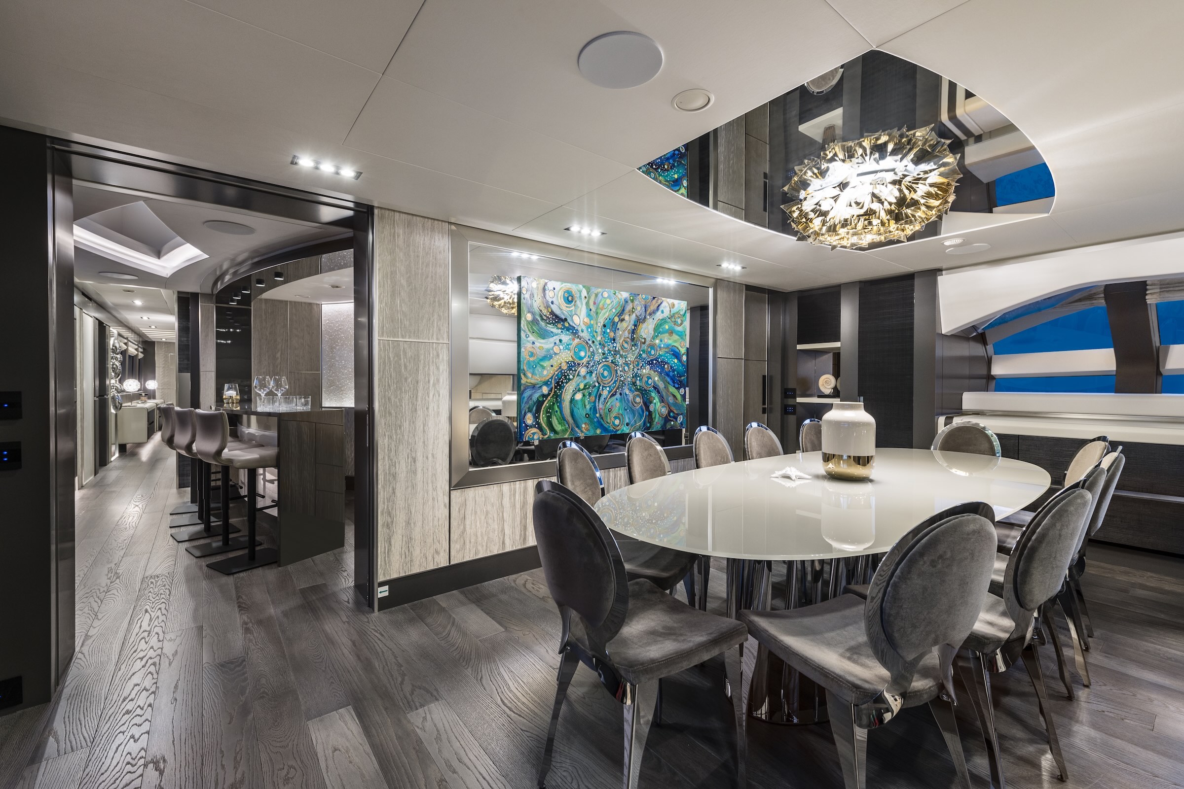 Formal dining area on the Pershing 140