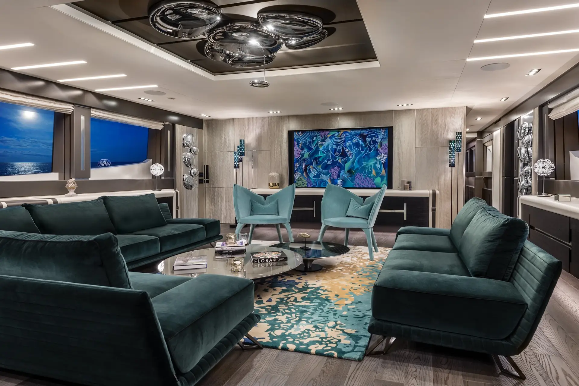 Main salon with panoramic window on the Pershing 140
