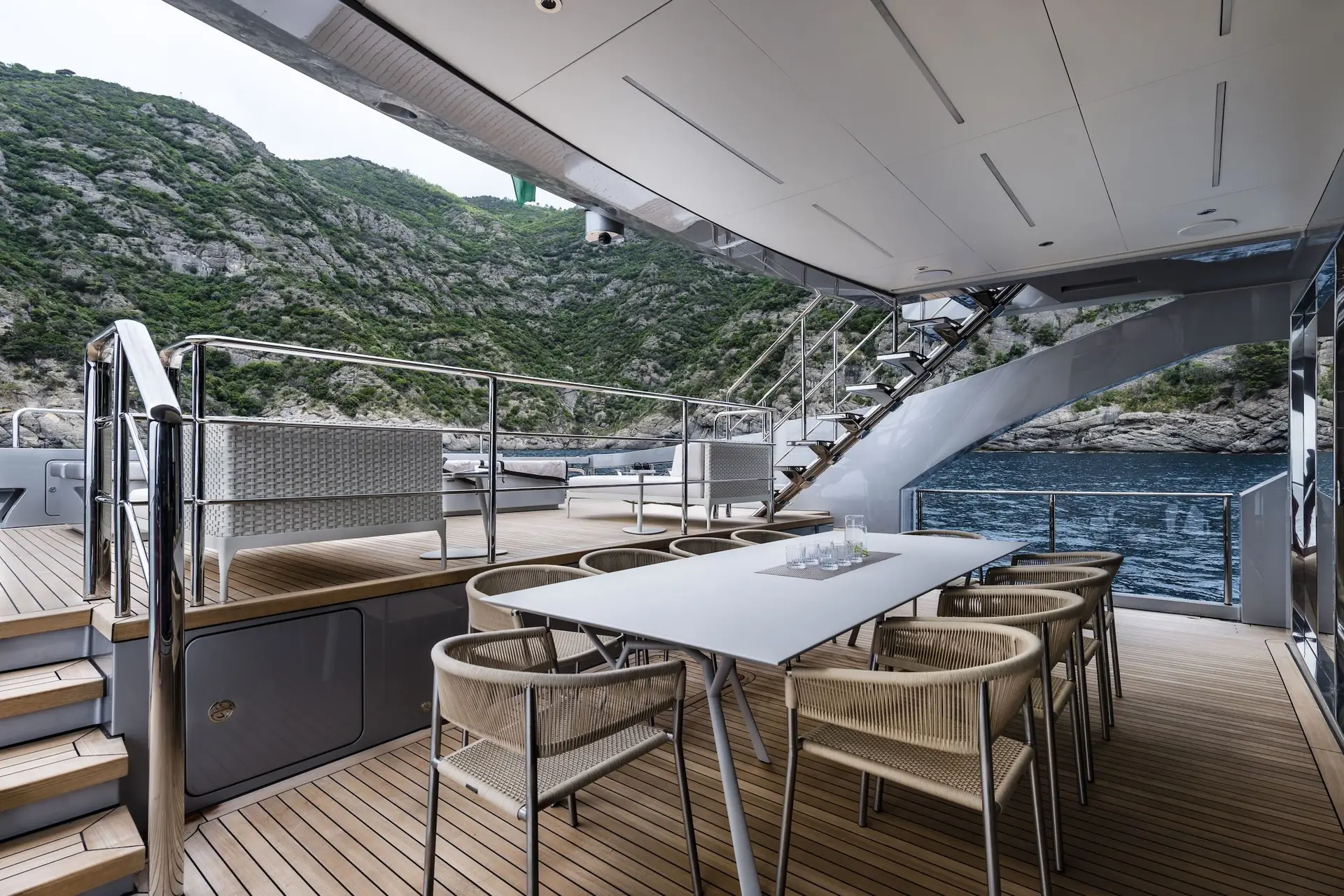Pershing 140 stern cockpit set for dinner