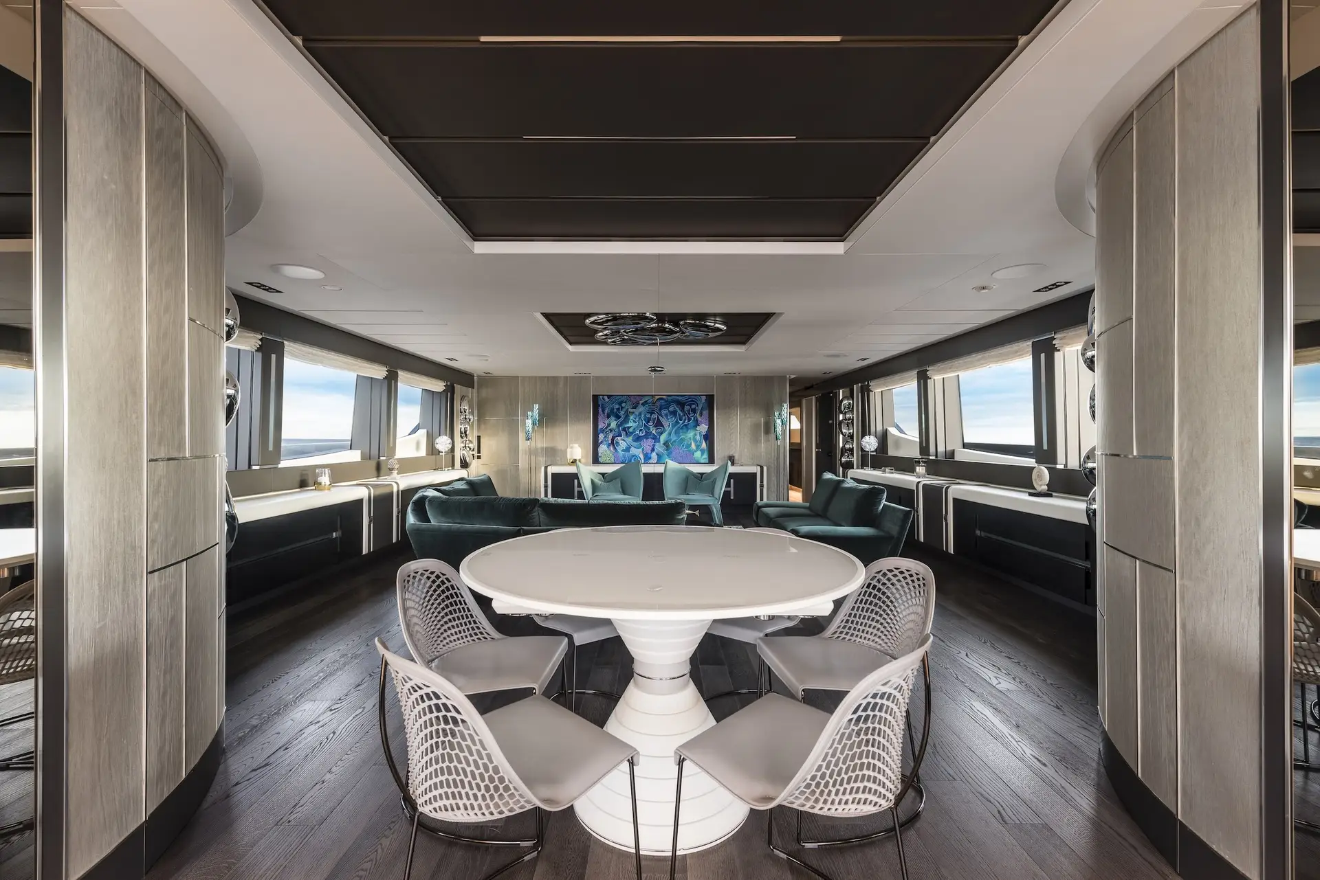 Main salon on the Pershing 140 viewed from the entrance