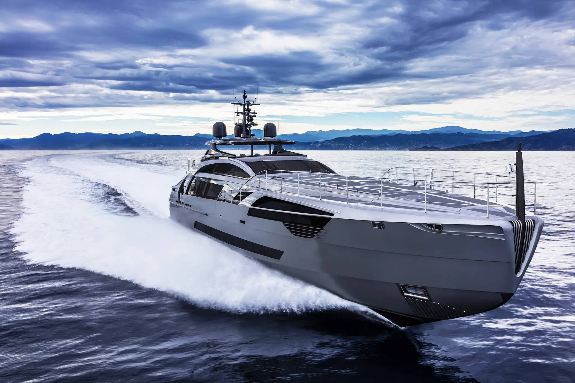 Pershing 140 three-quarter profile at full speed