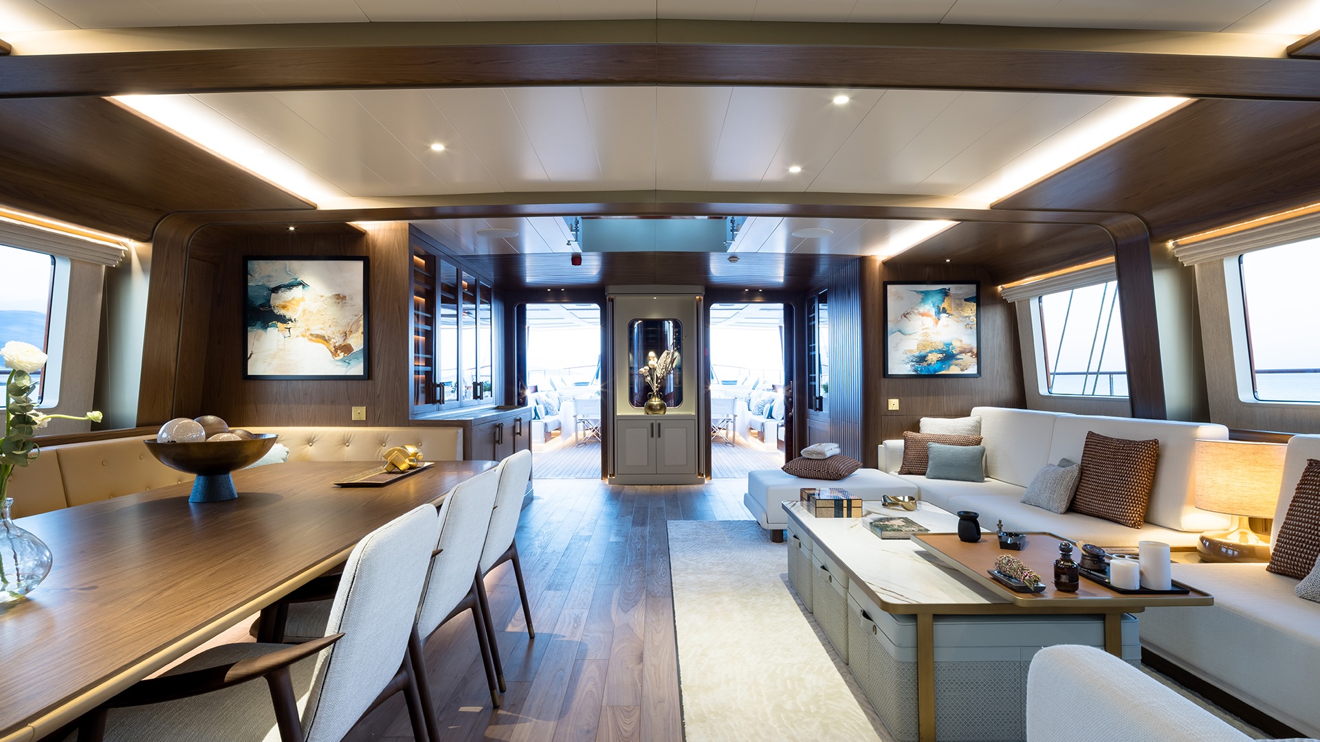 Main salon and formal dining area on Simena