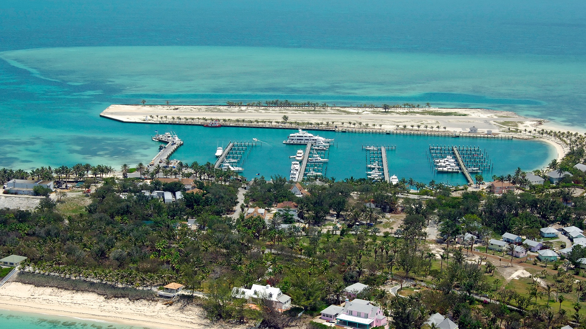 Aerial view of Cat Cay marina, south of Bimini