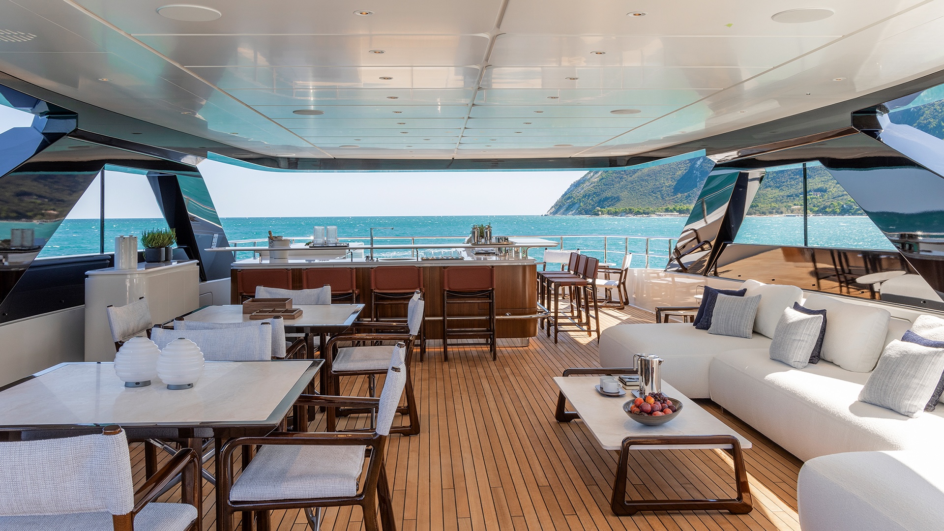 Custom Line 50 sun deck lounge and lunch area