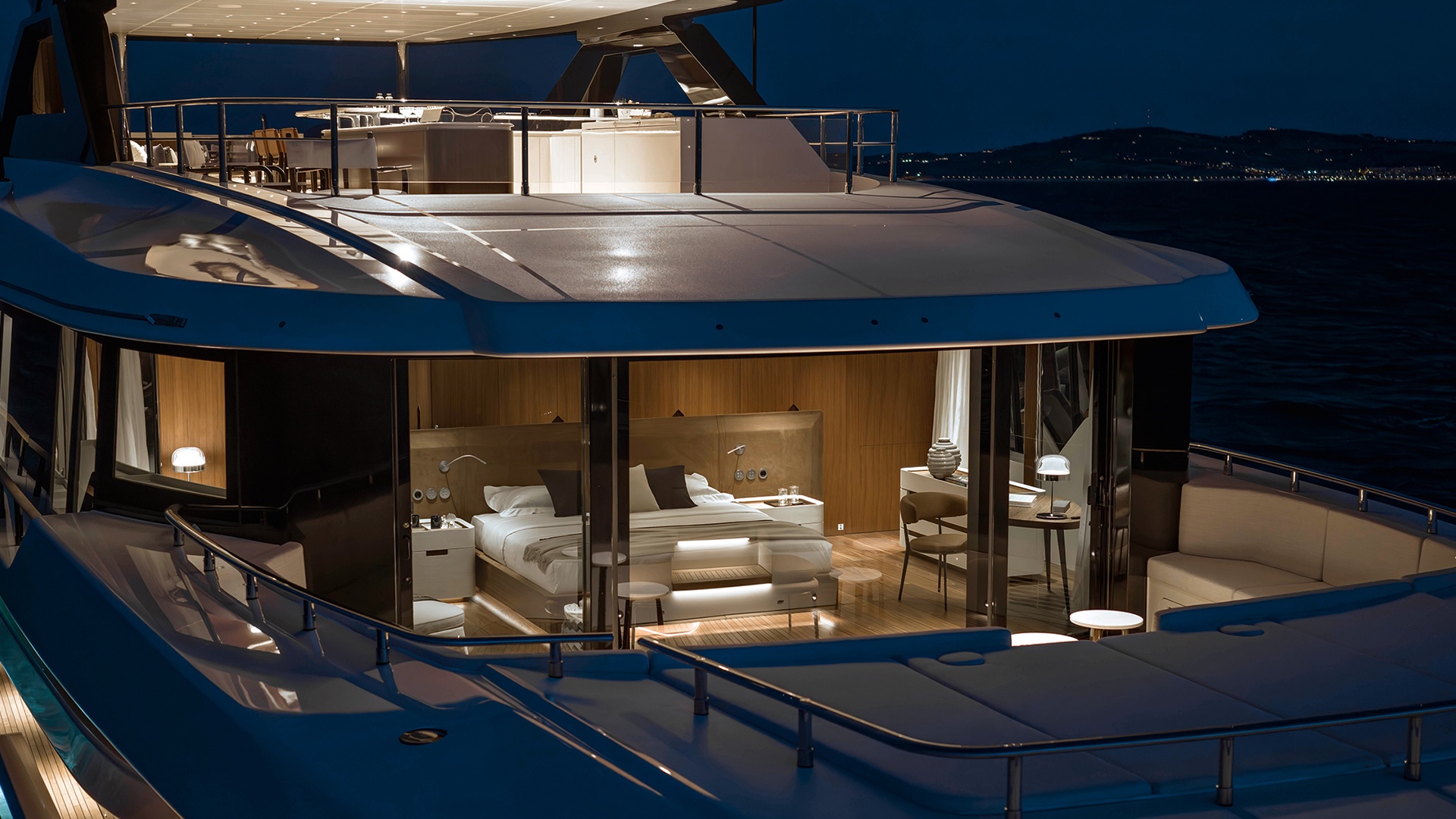 Custom Line 50 master suite terrace at night