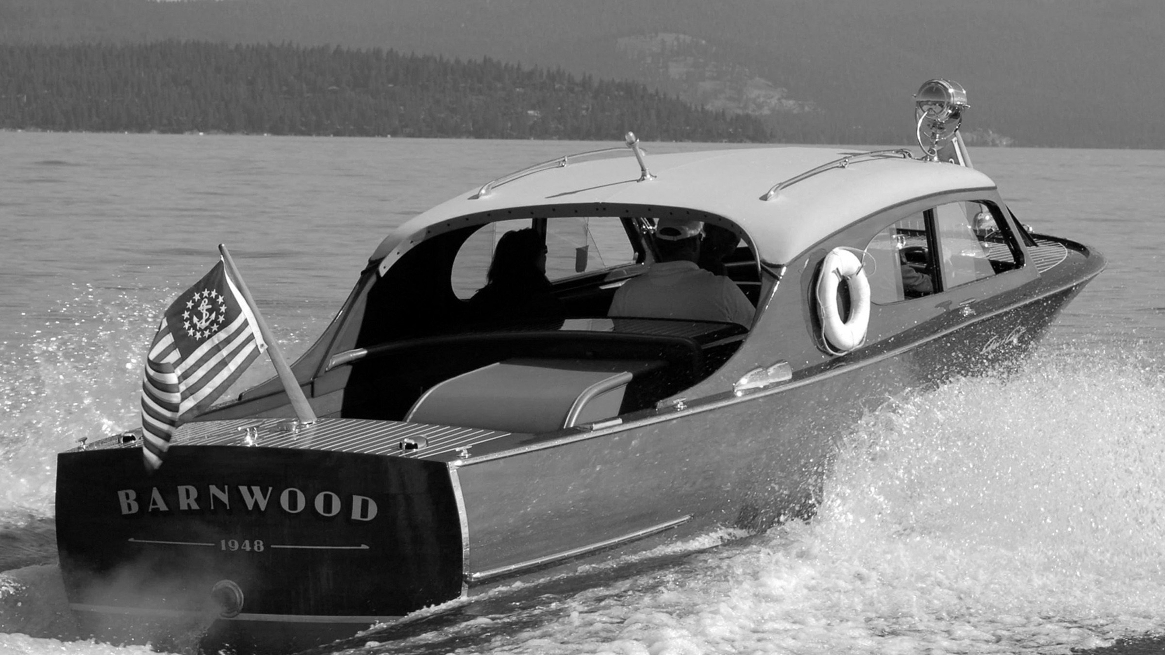 A 1948 Chris-Craft Sportsman, 25 feet, black and white photograph