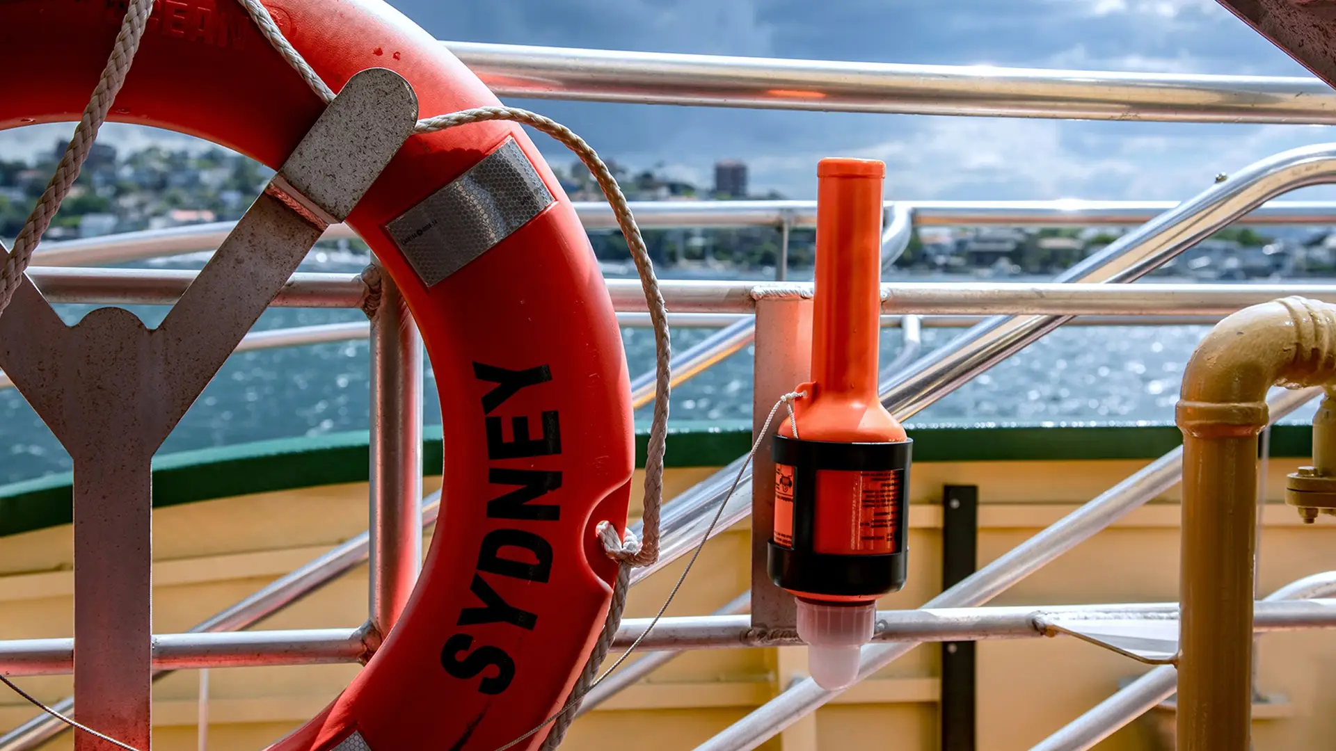Life ring and EPIRB on the deck of a boat