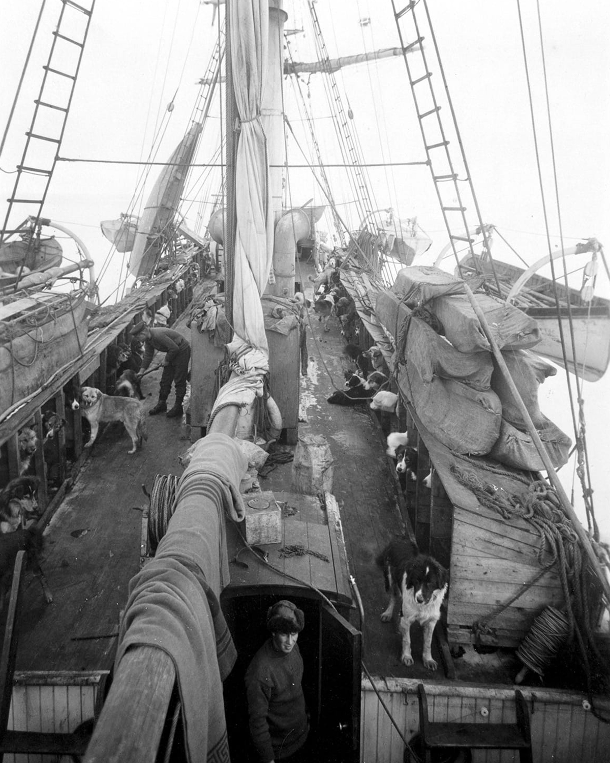 Deck of the Endurance with the dog kennels built on the ice surrounding the trapped ship