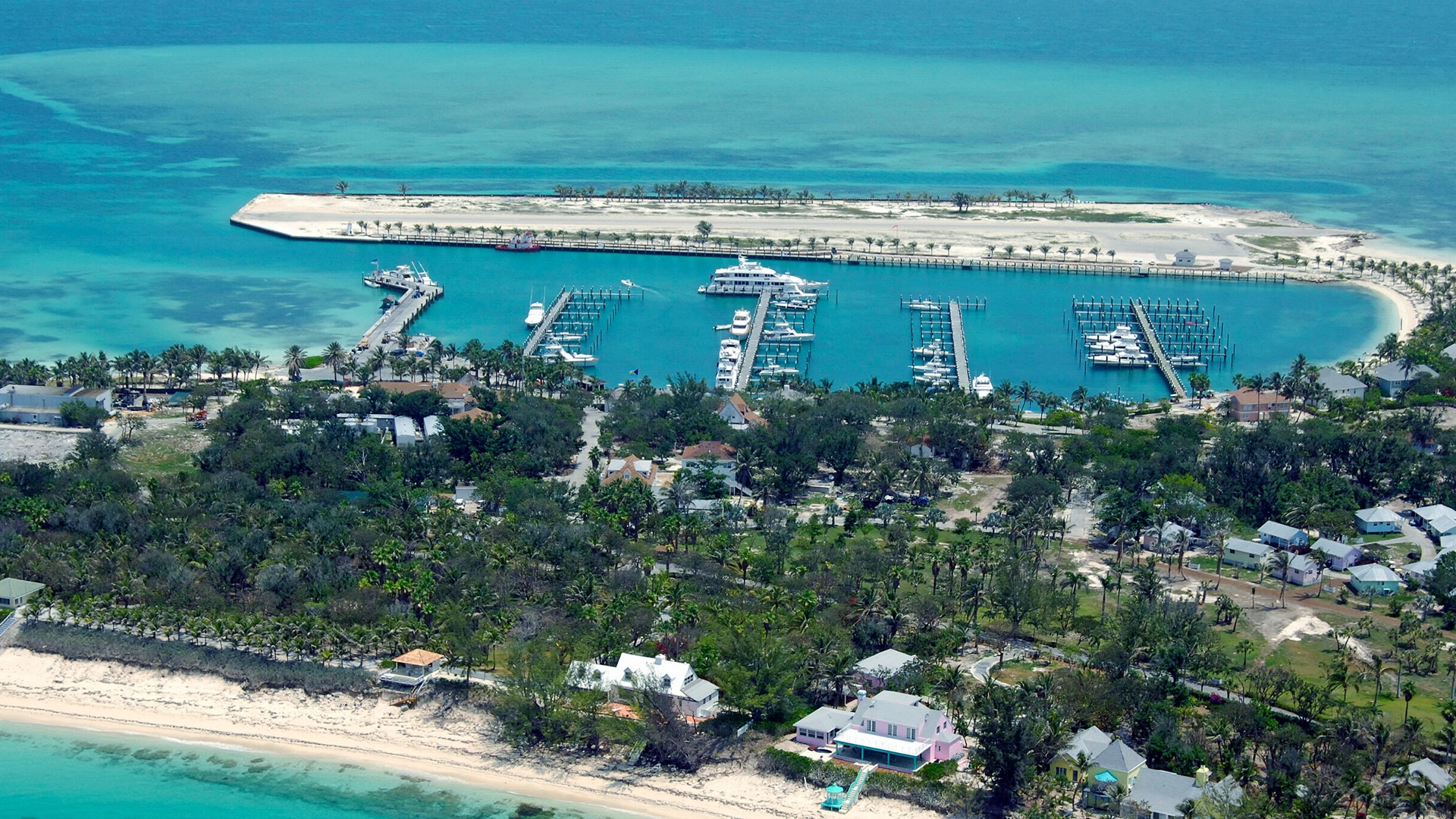 Aerial view of Cat Cay marina