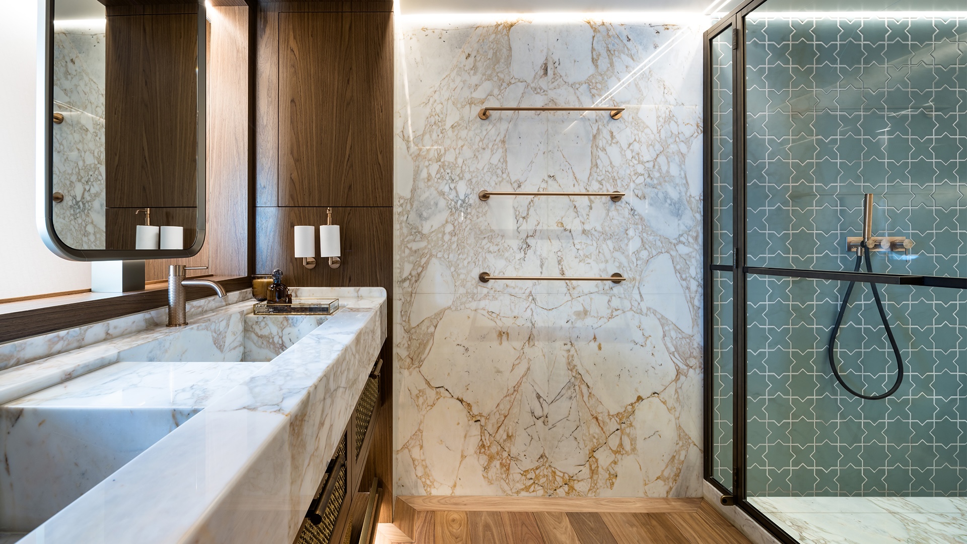Master bath on Simena with Turkish stone in greys, lavenders and brass