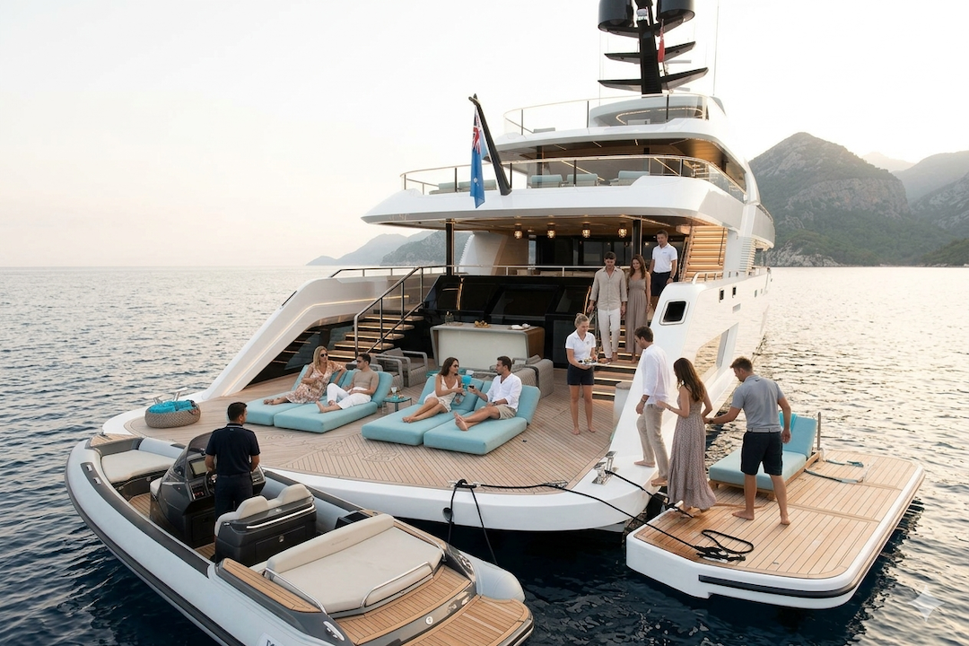 Yacht crew receiving guests at the gangway