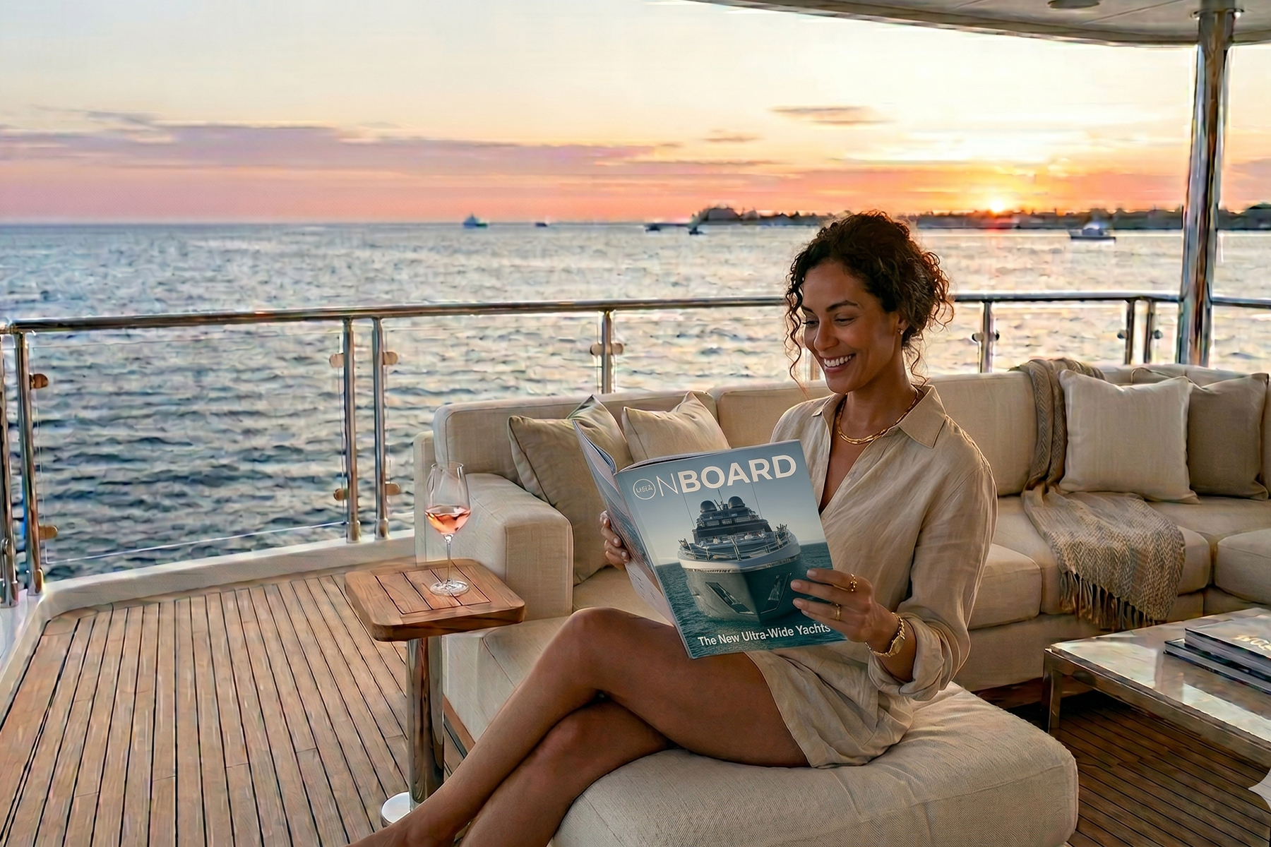 Reader in an aft lounge with the printed Onboard magazine