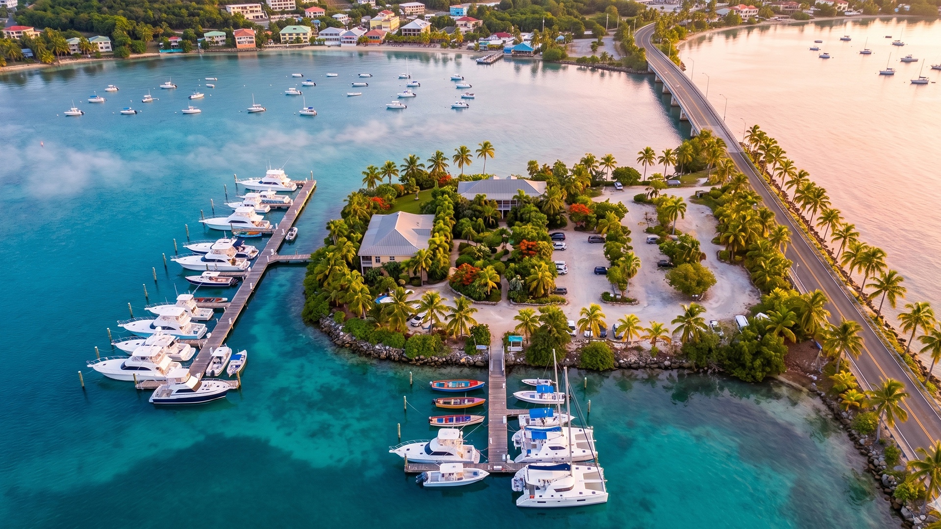 Aerial view of a marina at sunset