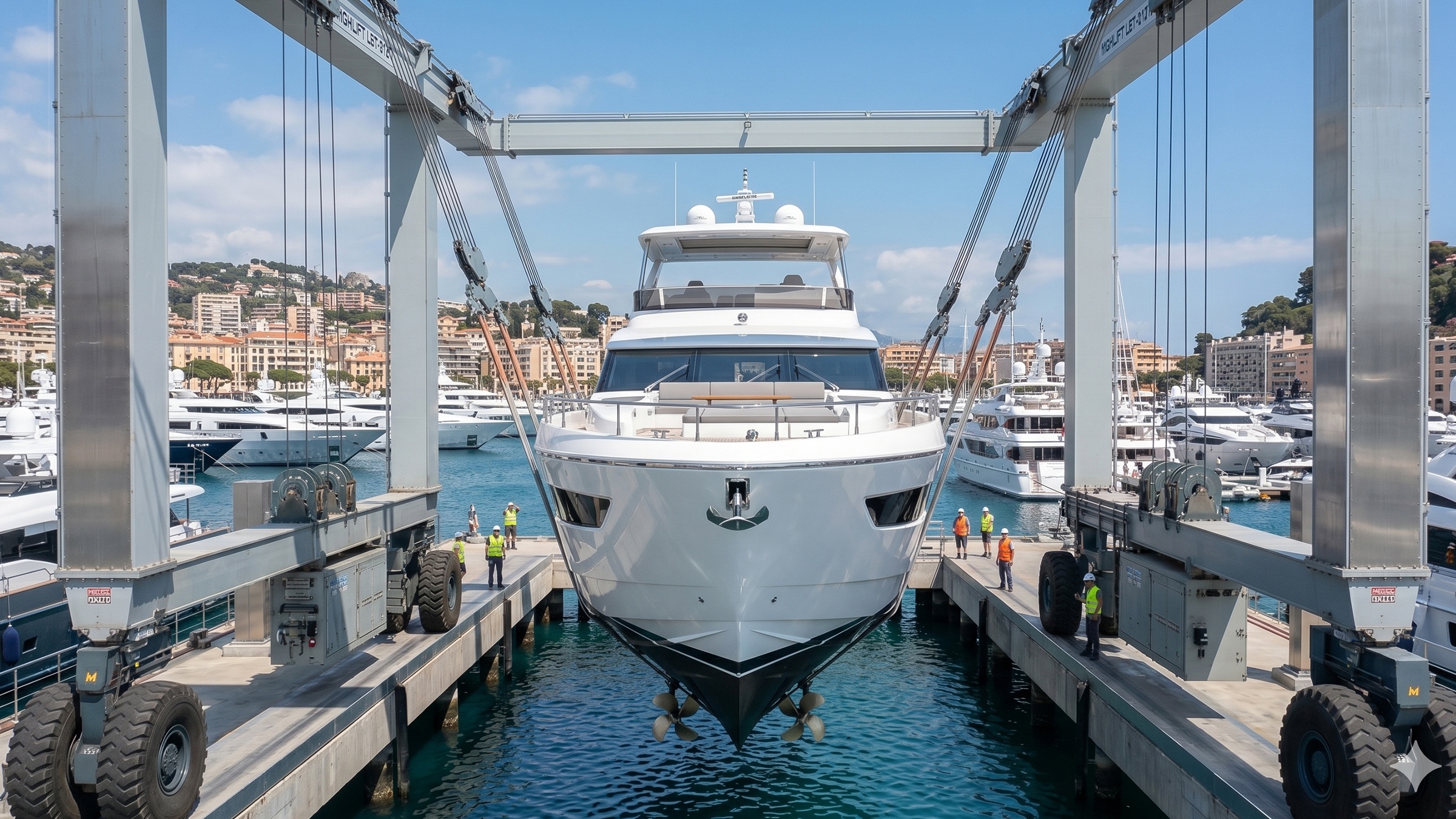 Yate en un Travelift entrando a un boatyard