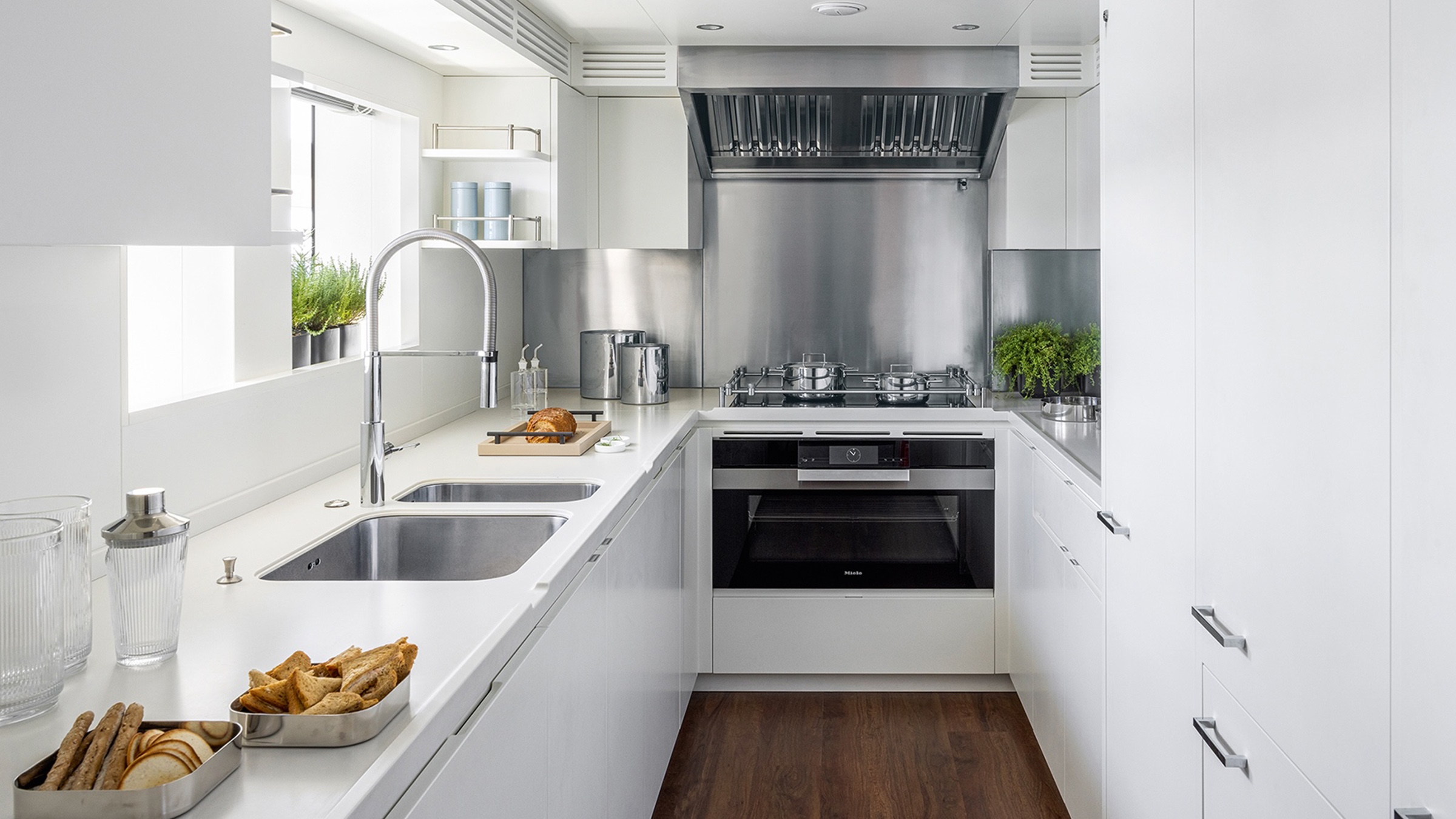 A bright galley with breakfast laid out