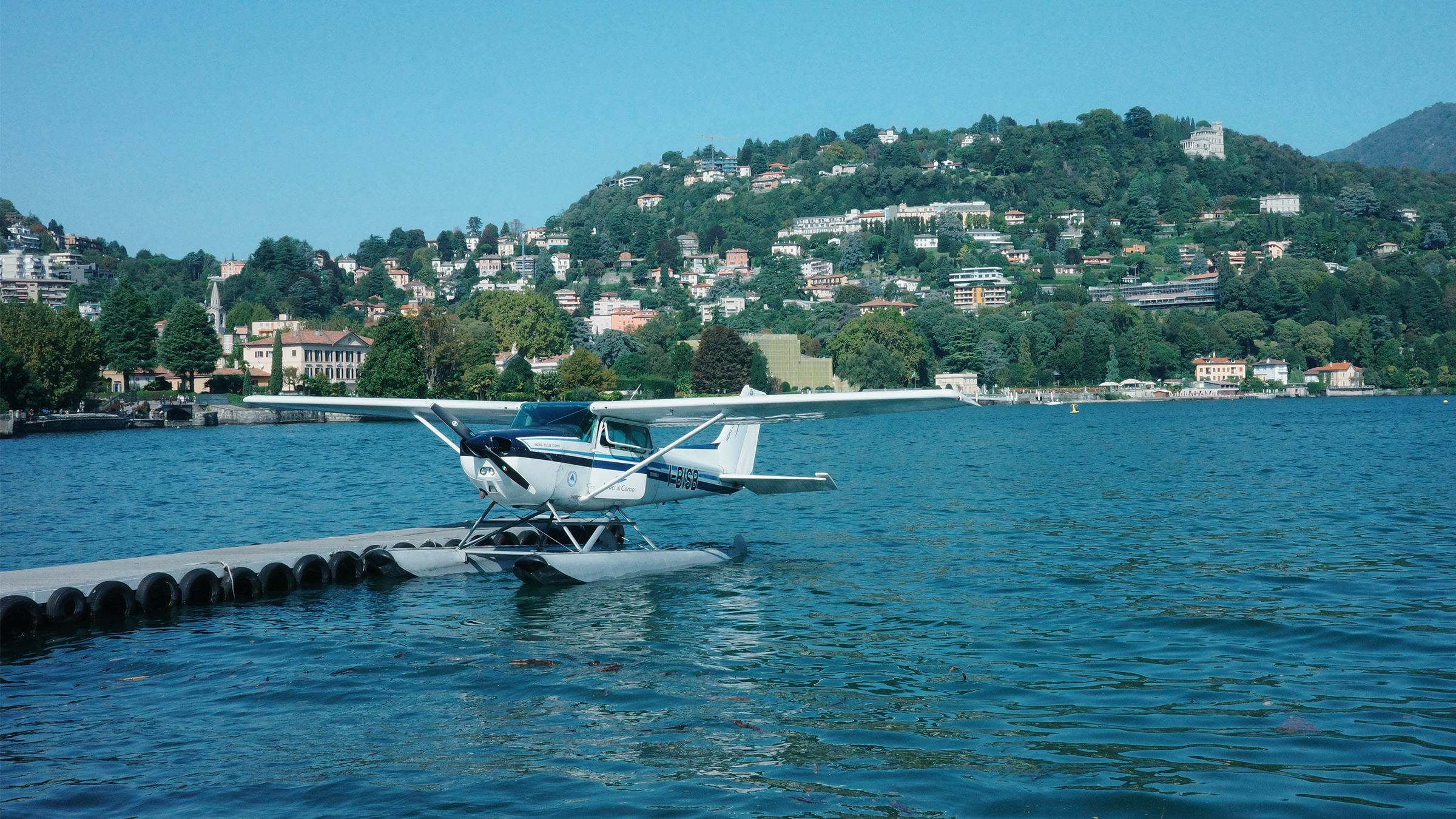 Seaplane moored to a dock over the sea
