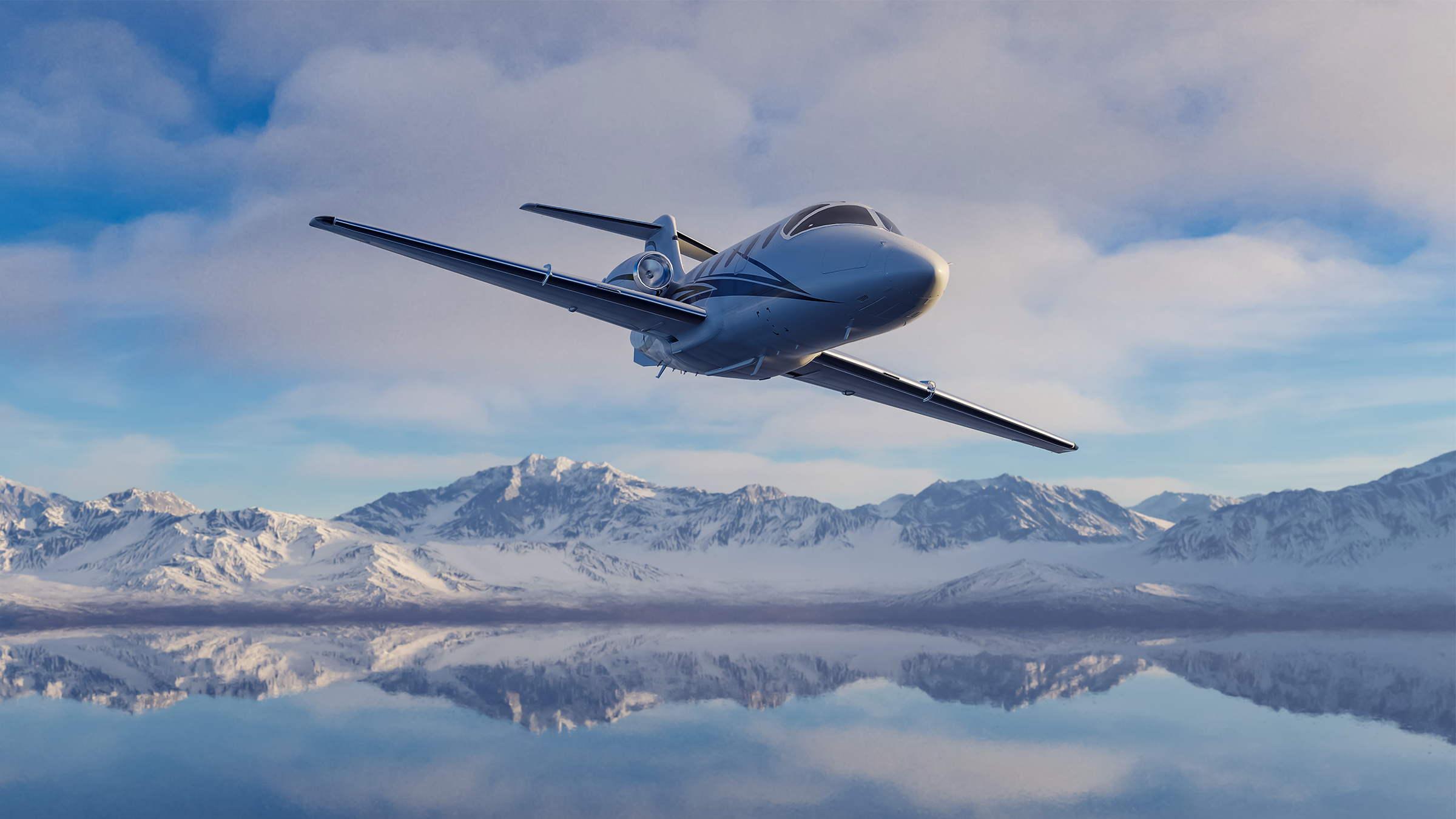 Private jet flying over a still mountain lake
